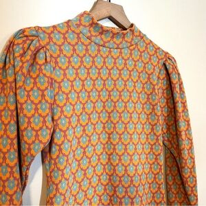 Zara Women’s Long Sleeve Mini Dress Size S High Neck Puff Sleeve Flower Orange